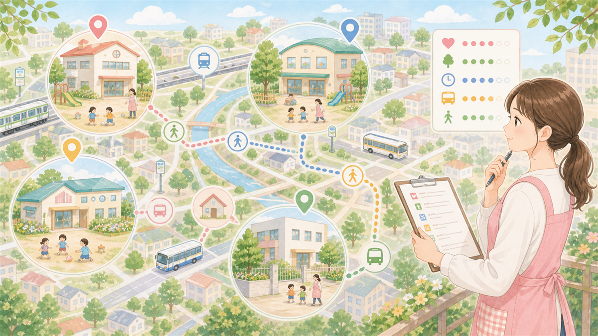 地方で保育士求人を探す注意点の内容を整理した保育士向けイラスト